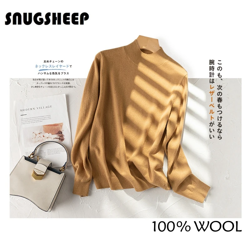 

100 wool basic women sweater brown knitted top womens long sleeve clothes sweaters vintage tops for winter mock neck woman solid