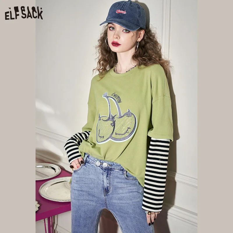 ELFSACK Spliced Long Sleeve T-Shirts Women 2023 Spring Loose Casual Tops