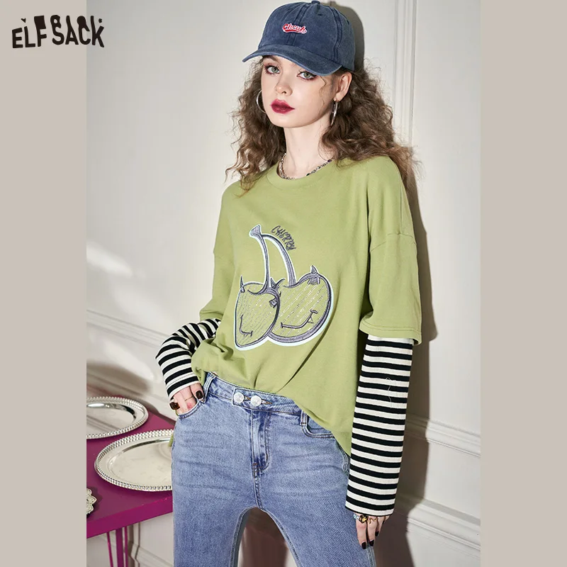 

ELFSACK Spliced Long Sleeve T-Shirts Women 2023 Spring Loose Casual Tops