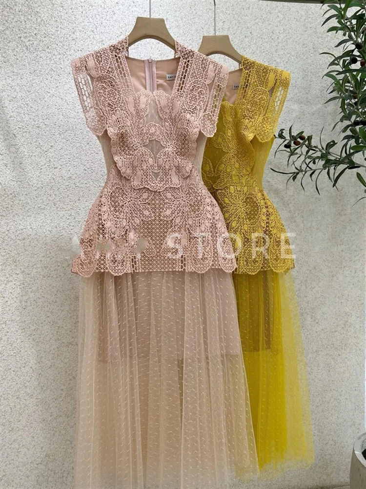 Sleeveless Sundress Women Lace Pink Yellow Beach Embroidery Summer Boho Backless Dress Runway Party Dresses 2023 Woman Sexy Robe