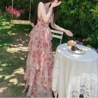 2022 summer womens midi dress fashio hanging neck floral dress backless v neck a line elegant cake skirt chiffon dress robe