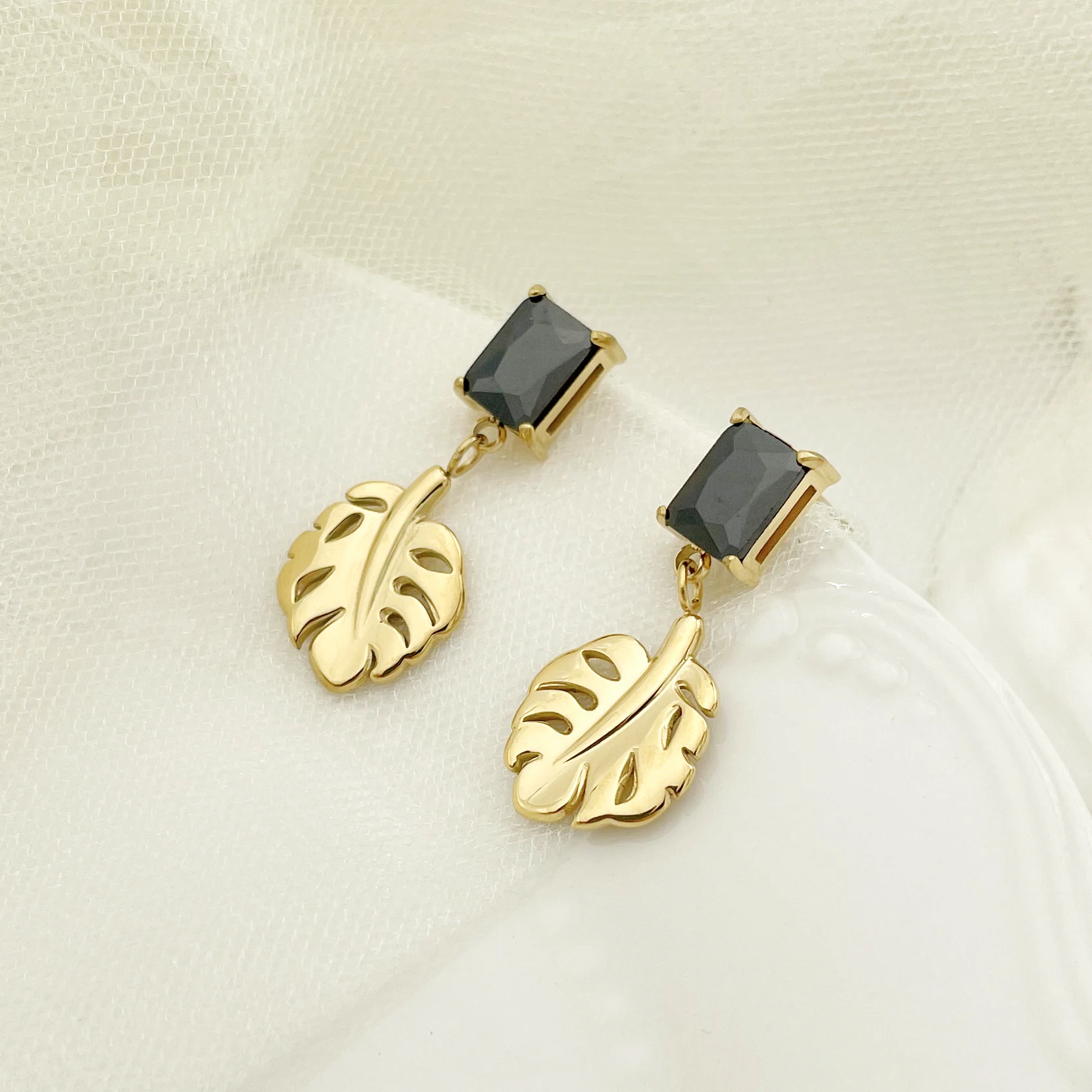 

Fashion Island Style Vanilla Leaves With Zircon Earrings Cute Trending Stainless Steel Earrings For Women With Free Shopping