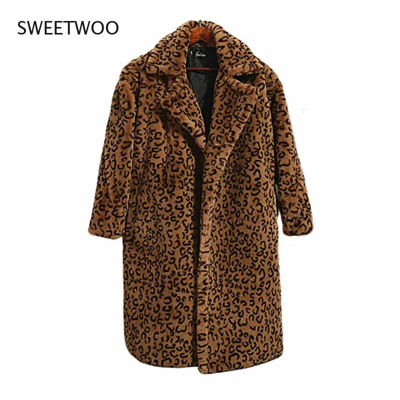2021 Winter Thick Warm Leopard Long Teddy Fur Coat Women Outerwear High Quality Loose Suit Collar Faux Rabbit Fur Jacket Female