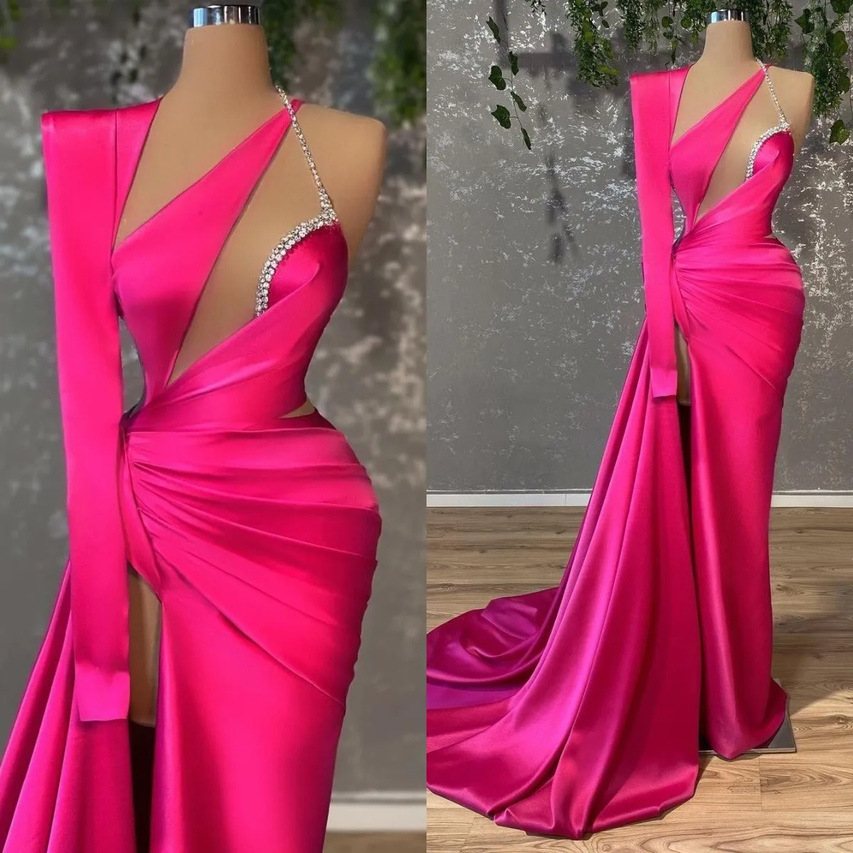 

Женское вечернее платье с одним открытым плечом, розовое платье с длинным рукавом, вырезами и кристаллами, платье для выпускного вечера