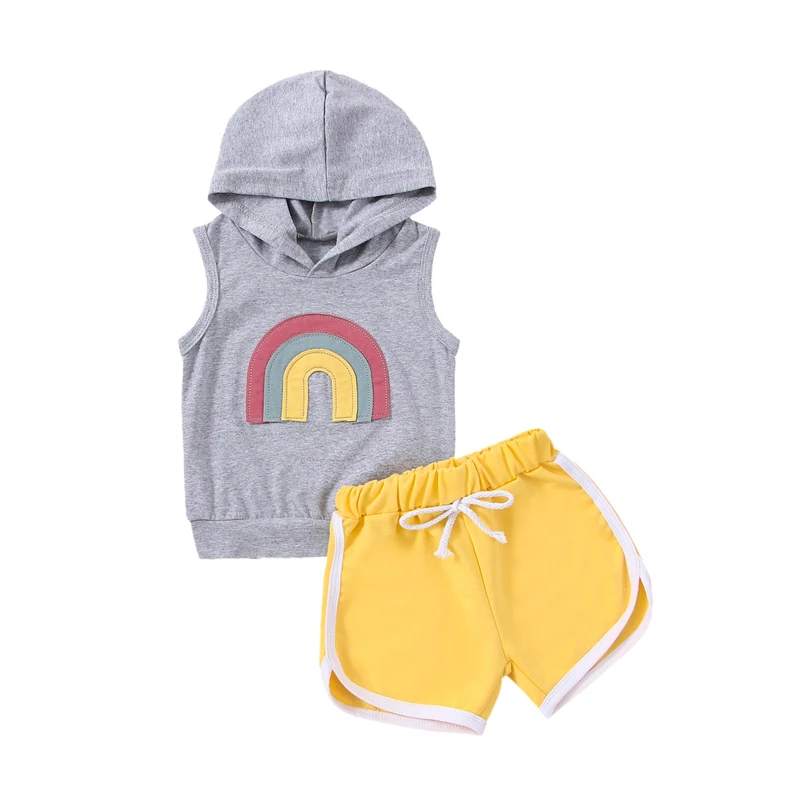 

2022 Summer Baby Boy Shorts Set Rainbow Hooded Sleeveless Tank Tops + High Waist Color Matching Shorts Toddler Clothing Suit