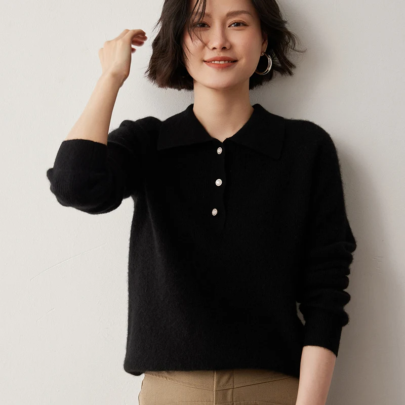 Свитер-поло из козьего кашемира с воротником для женщин роскошный деловой