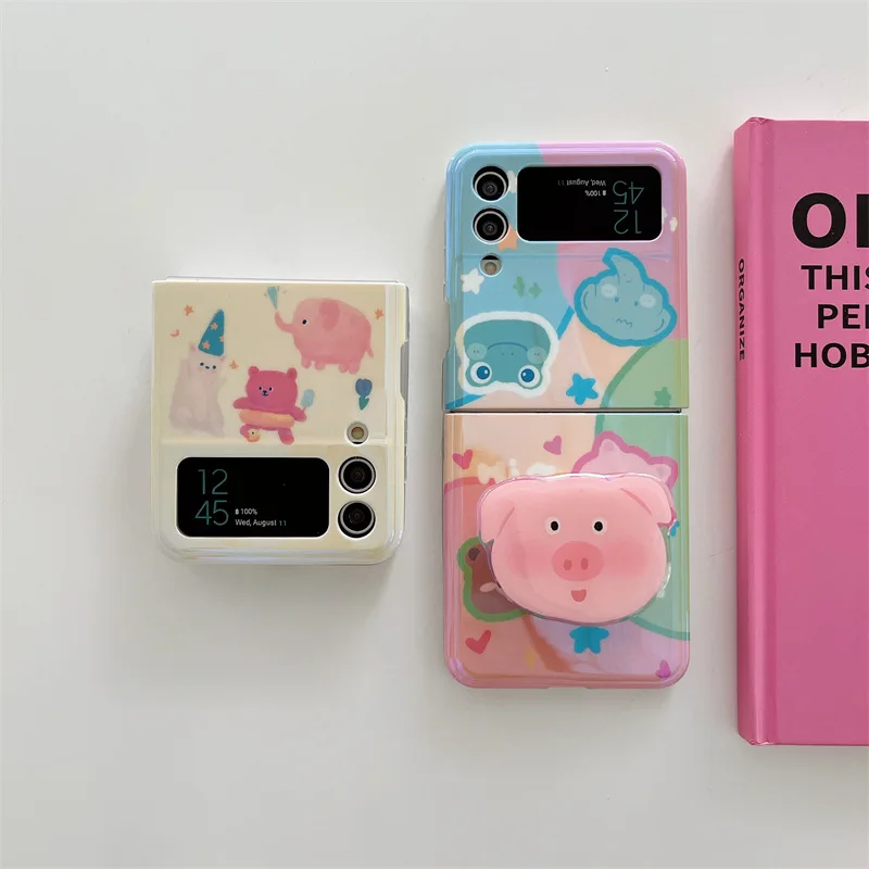 Cartoonl Rabbit Frog Pig Dolphin Phone Case for Samsung Galaxy Z Flip 4 3 Hard Cover for ZFlip3 Zflip4 Solid Shell Bracket
