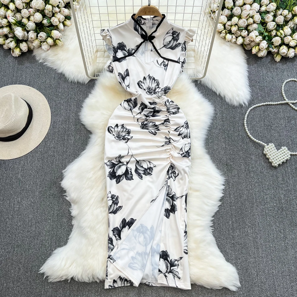 

Женское платье с запахом, облегающее платье в китайском ретро-стиле с воротником-стойкой, юбка с разрезом и чернильным принтом, Новинка лета 2023