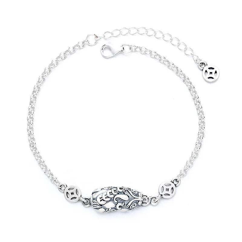 

S925 sterling silver retro auspicious good meaning bite money Pixiu copper money splicing ethnic style bracelet