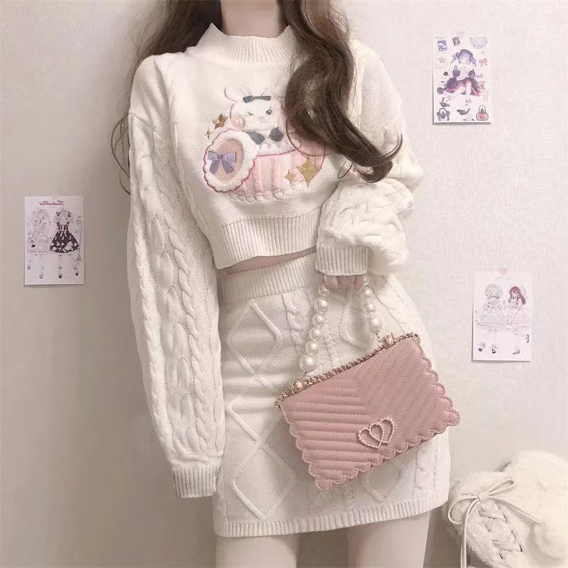 

Autumn Winter Sweet Lolita Kawaii Anime Style Skirt Japanese Girls Cute Rabbit Embroidery Kintted Sweater Skirts Spring Women