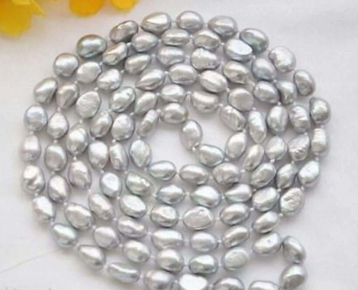 

Long 100 Inch Real 7-8mm Gray Baroque Irregular Pearl Necklace AAA