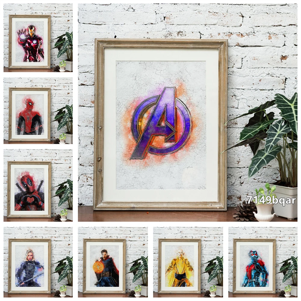 Фигурка Marvel, Мстители, супергерой, акварельный фильм, ретро постеры с рисунком, гостиная спальня, бар, комикс, ретро, качественные холщовые постеры