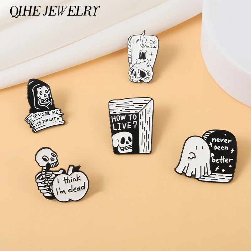 

Cute Skeleton Ghost Enamel Pins Tombstone Skull Punk Brooches Badge Breastpin Backpack Accessories Gift Women Men Jewelry