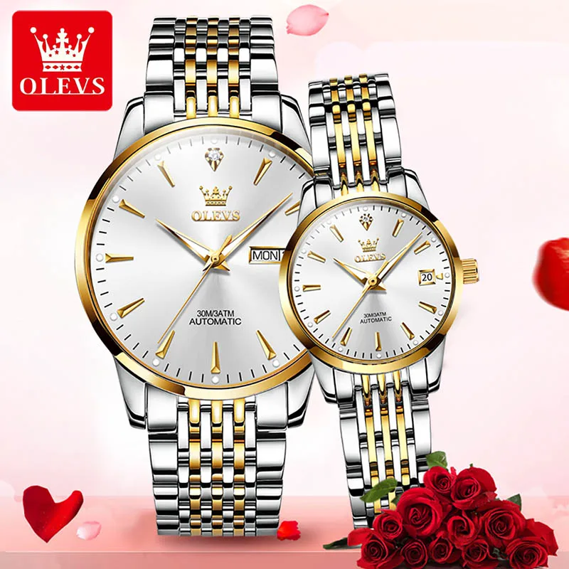 OLEVS Womens And Mens Watches Luxury Diamond Fashion Business Stainless Steel Men Women Watches Couple Watches Waterproof Reloj