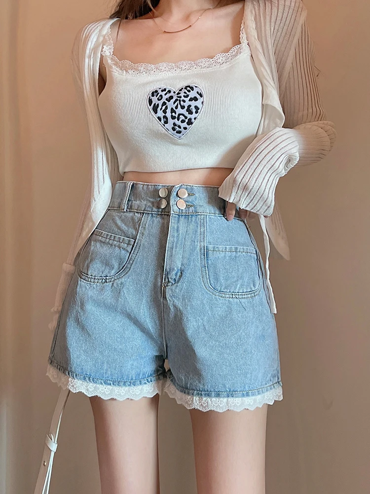 New Streetwear Women High Waist Lace Spliced Blue Denim Shorts Spring Summer Female Wide Leg Jeans Shorts Bottoms