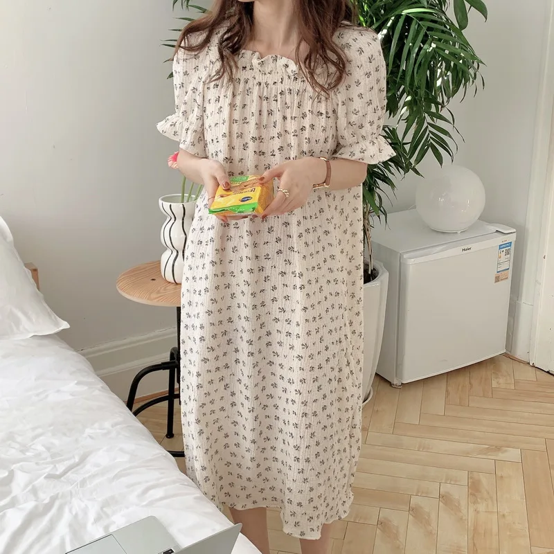 

Home Wear Sleepdress Korean New Floral Print Square Collar Cotton French NIghtgown Short Sleeve Women Dress Nightwear D181