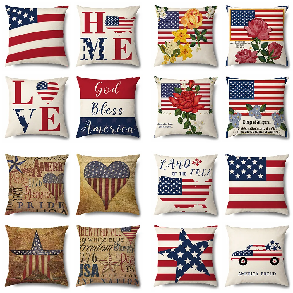 

American Flag Pillows Cover USA Independence Day Home Decor Cushion Cover Office Sofa Linen Throw Pillows Case 45x45cm