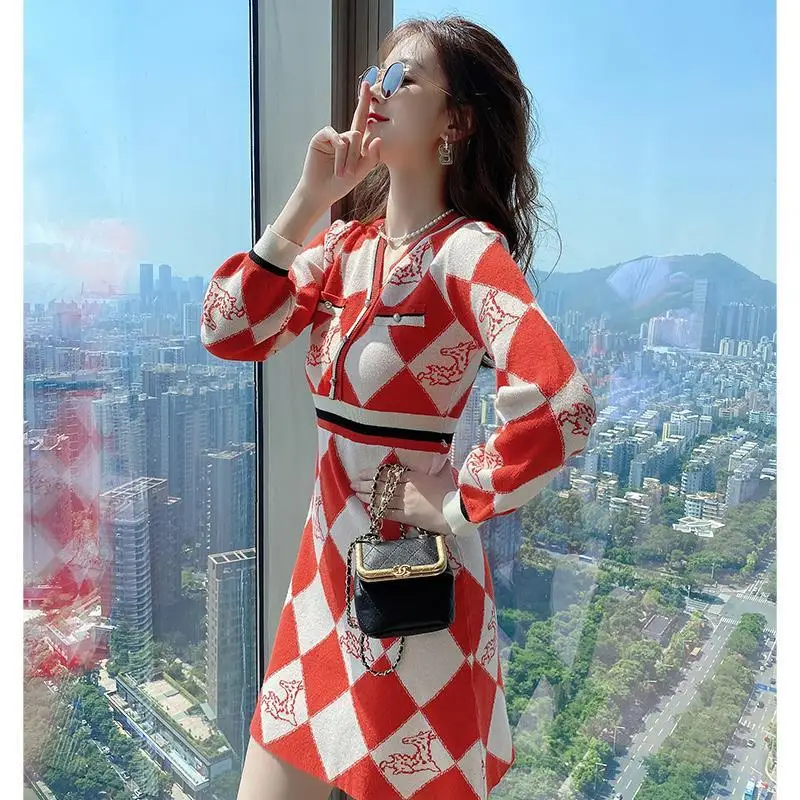 

Women Knitted Long Sleeve Sweater Dress V-neck Stitching Mini Skirt Autumn Winter Korean Fashion Warmth Slim Fit Bottoming Skirt