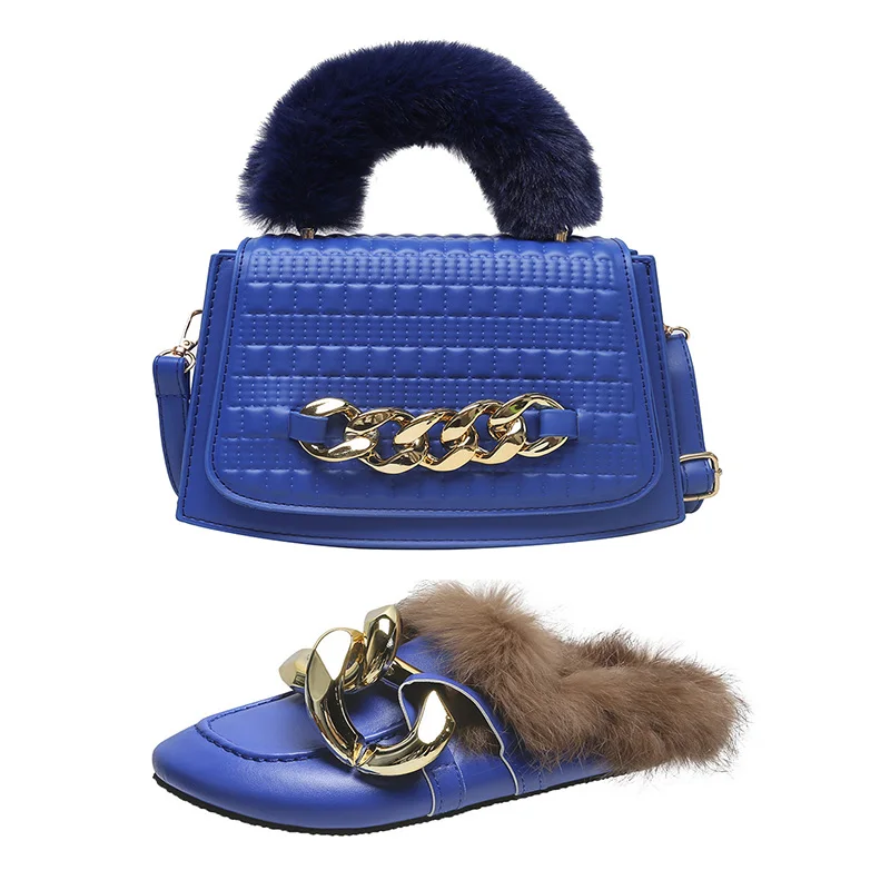 

Four Seasons Outer Wear Chain Fur Shoes Bag Suit Ladies Thick Sole Luxury Sandals Slippers Sexy Home Women's Shoes Furry Slides