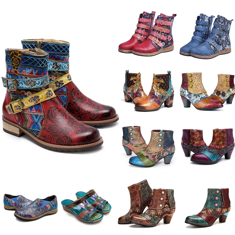 

Vintage Splicing Printed Ankle Boots For Women Shoes Female PU Leather Retro Block High Heels Bohemian Ladies Winter Short Boots