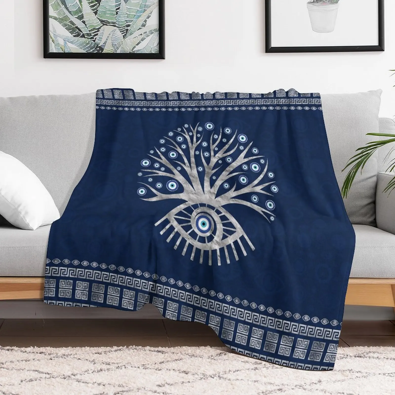 Плед с греческими глазами матаки-матиазма серебристое и синее одеяло одеяла для