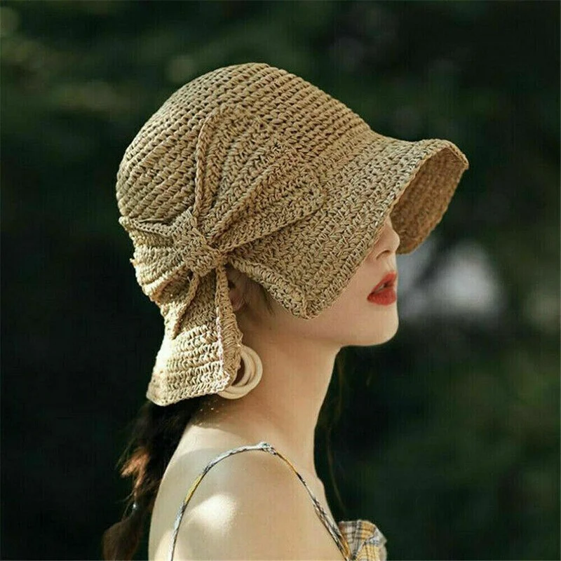 

Ladies Straw Hat Female Bowknot Crochet Summer Basin Hat Foldable Beach Sun Hat Wide Brim Kids Princess Travel Sunshade Hat