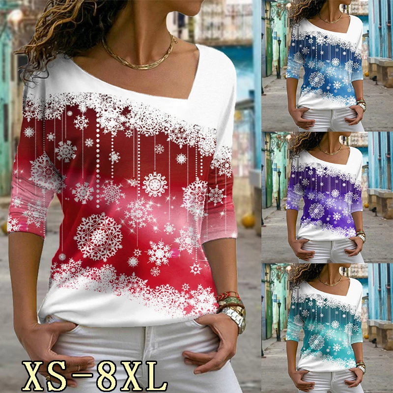 

2022 Autumn And Winter Women's New Street Hipster Long Sleeve Snow Printed V-Neck Casual Fashion Tops