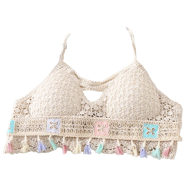 

Women Sexy Halter V-Neck Bikini Bra Hollow Crochet Knit Padded Camisole Crisscross Strappy Front Crop Top Candy Colored Tassel