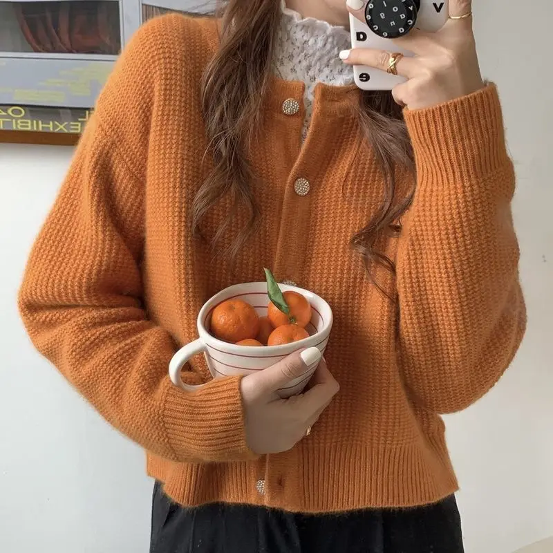 Женская однотонная трикотажная верхняя одежда в стиле ретро, весна-осень 2023, женский свободный свитер в Корейском стиле, пальто, женский кардиган с круглым вырезом, куртки G199