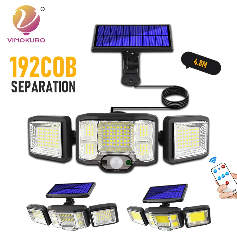 

Наружный настсветильник светильник 192COB на солнечной батарее, 3 головки, 270 Широкий угол освещения, датчик движения, Раздельный прожектор для...