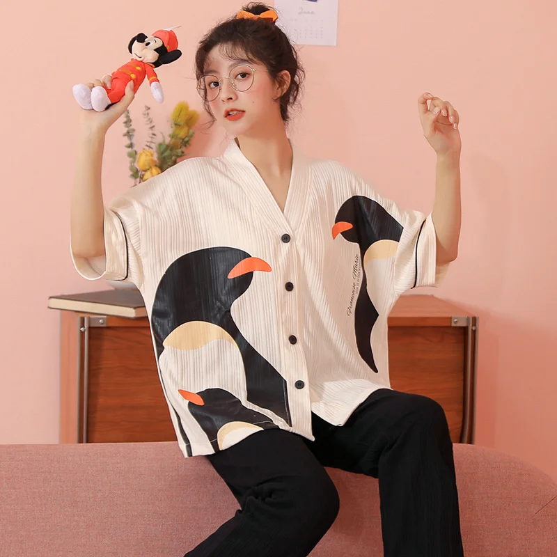 Summer new style pajamas women's cardigan short sleeved trousers casual thin large student home clothes can be worn outside