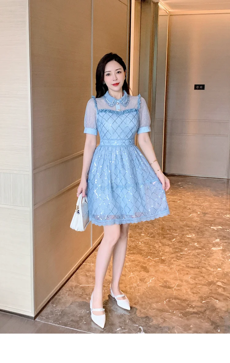 

Женское Сетчатое платье до колен DALMAZZO, подиумное дизайнерское облегающее платье с отложным воротником и кружевом в стиле пэчворк, повседневные платья XXL, лето