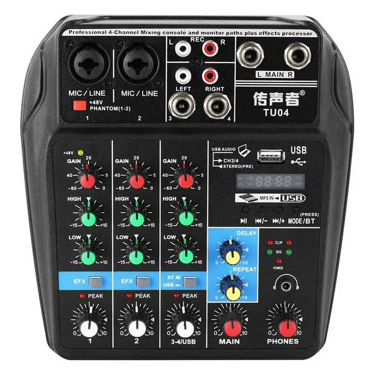 4-канальный звуковой микшер, DJ-консоль, USB записывающий компьютер 48 В, фантомное питание, эффект задержки, USB-аудиомикшер