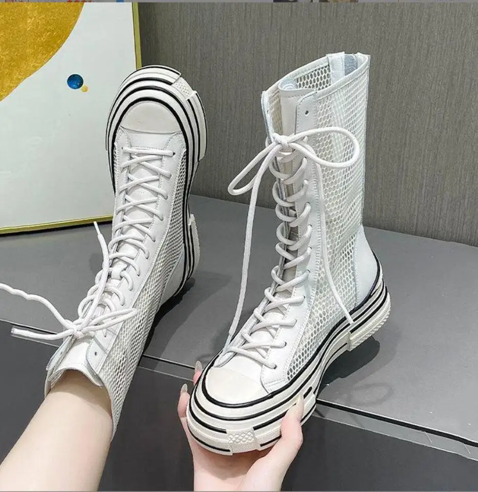 

Women Summer Boots New Hollow Hole High Boots Fashion Lace-Up Woman Thick Bottom Shoes Ladies Platform Casual High Help Sneakers