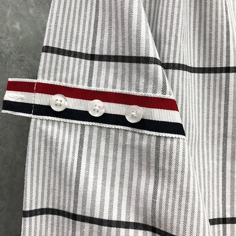 THOM Spring Autumn Fashion Brand Men's Gray Plaid Ribbon Armband Stripe Cotton Oxford Casual Wholesale TB Shirt