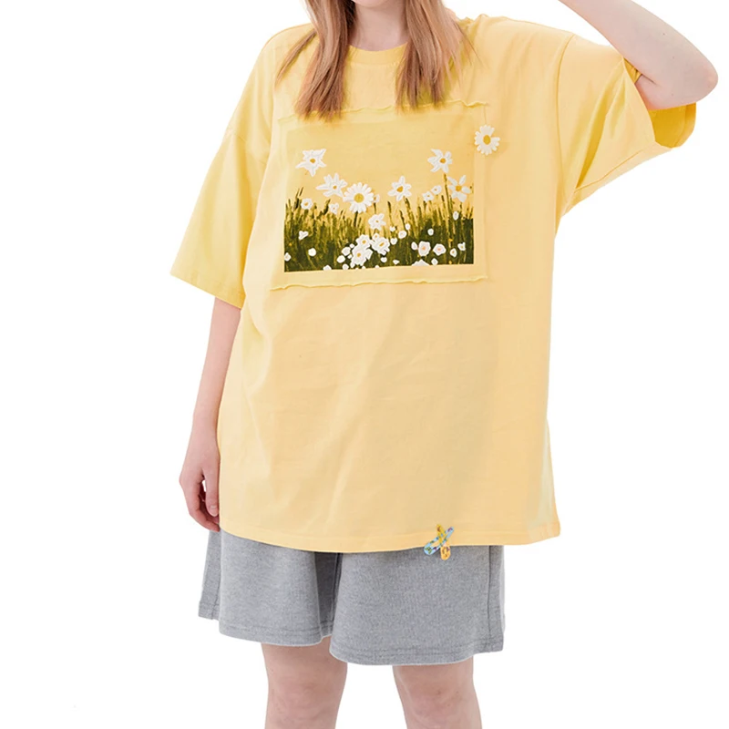Футболка женская хлопковая с коротким рукавом и цветочным принтом желтая |