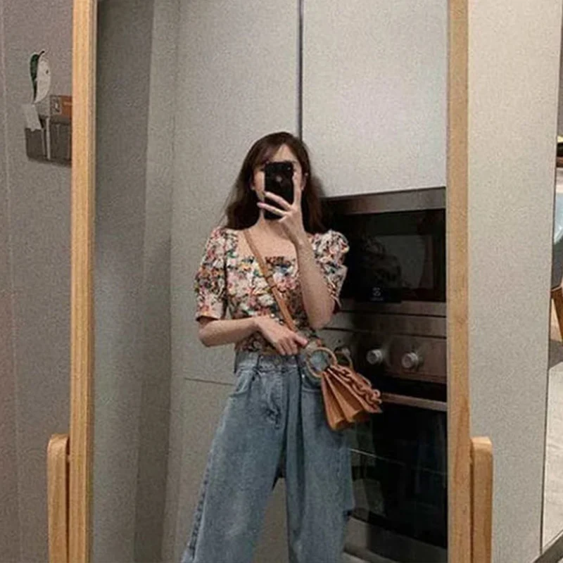 

Women Summer Vintage Floral T-Shirts Square Collar Puff Slevee Short Tops Korean One-Piece Clothing Spring Casual Ladies Sweet