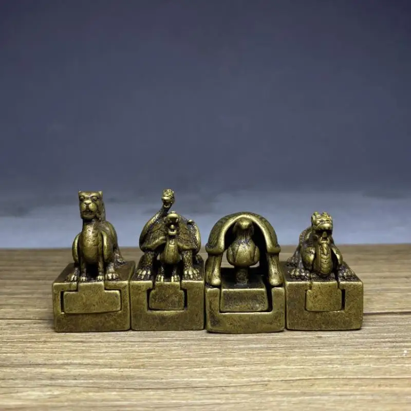 

Old Brass Seal Chinese Animal Four (Dragon White Tiger Phoenix Dragon Turtle)