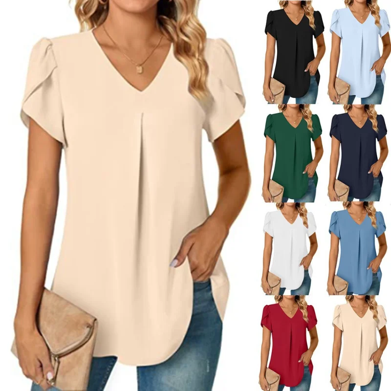 

Summer Solid Loose Blouse Tops Women Clothing V Neck Ruffle Short Sleeve Simple Blouse Shirts Blusas Femininas Elegantes 2023