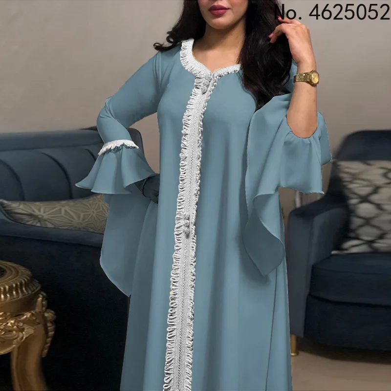 

Muslim Kaftan Dubai Abaya Dress Women Ramadan Ruffle Sleeve Party Dresses Elegant African Maxi Robe Plus Size Boubou Djellaba
