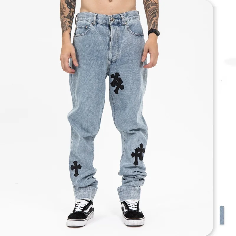 

New Genuine Leather Cross Jeans For Men 2021 High Street Blue Jeans Homme Loose Straight Hearts Pants Moto Trouse