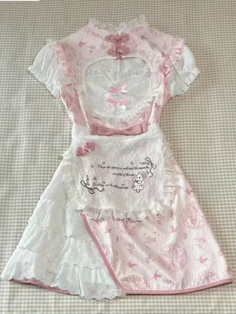 Модное милое платье с коротким рукавом и принтом женское винтажное кружевное