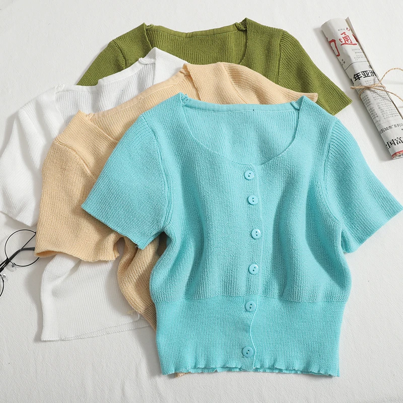 

Ice Silk Short-sleeved Knitted T-shirts Women's 2022 Summer New Thin Solid Waist O Neck Short Oversized T Shirt