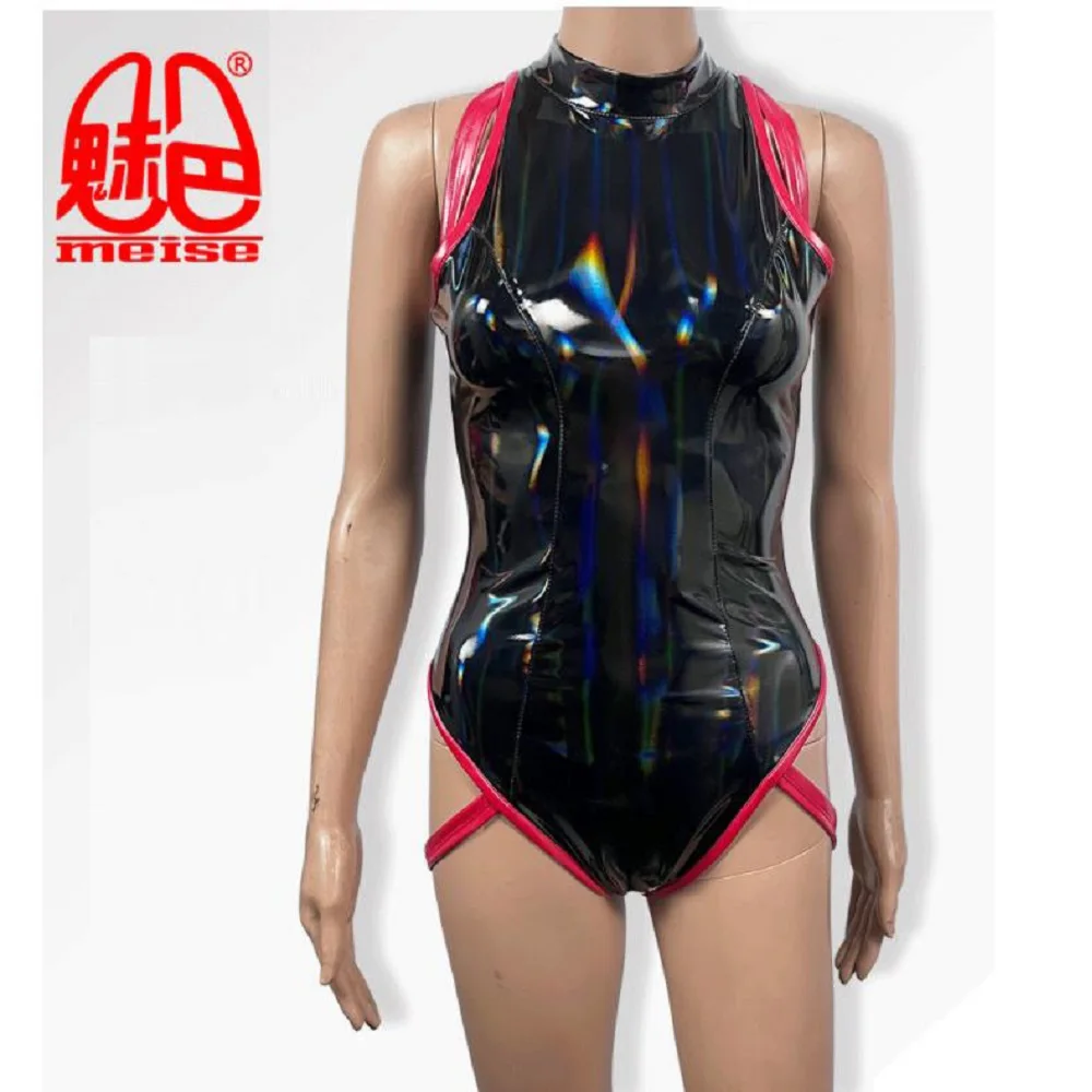 

Stereo-Splice Chest Line Jumpsuits Women Sleeveless One-Piece Vest Dazzle Colour PVC Mirror Latex Cosplay Bodysuits Stage Onesie