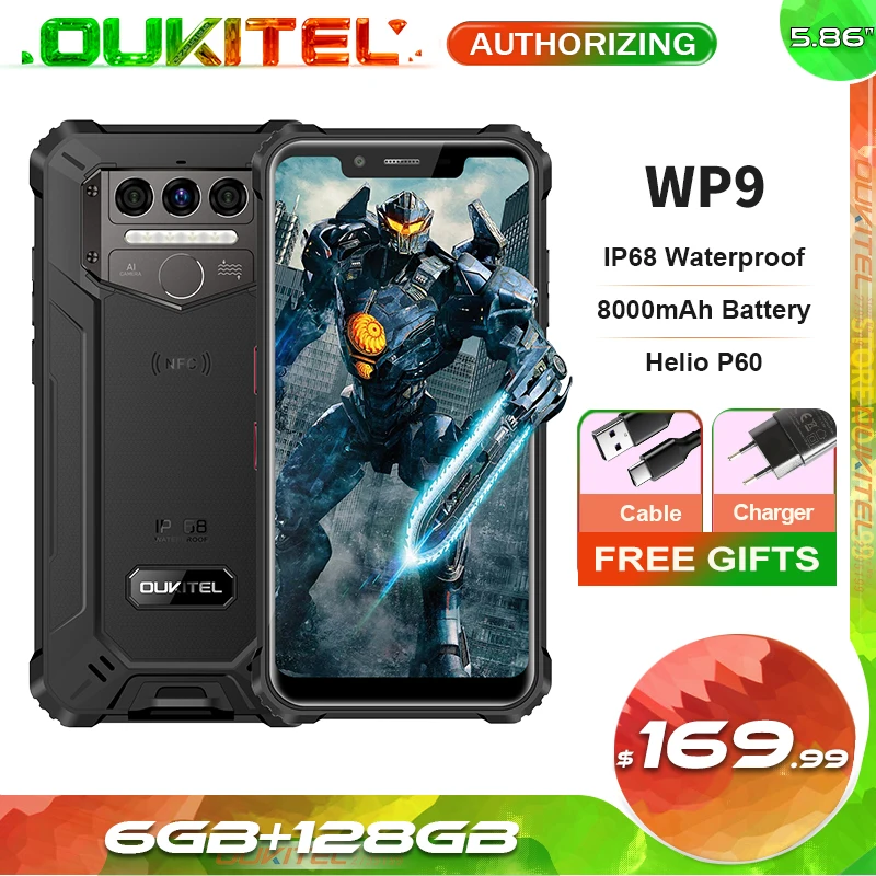 OUKITEL WP9 8000mAh 6GB+128GB Helio P60 Octa Core IP68 Waterproof Smartphone  5.86'' HD+ Global Bands 4G NFC Rugged Mobile Phone