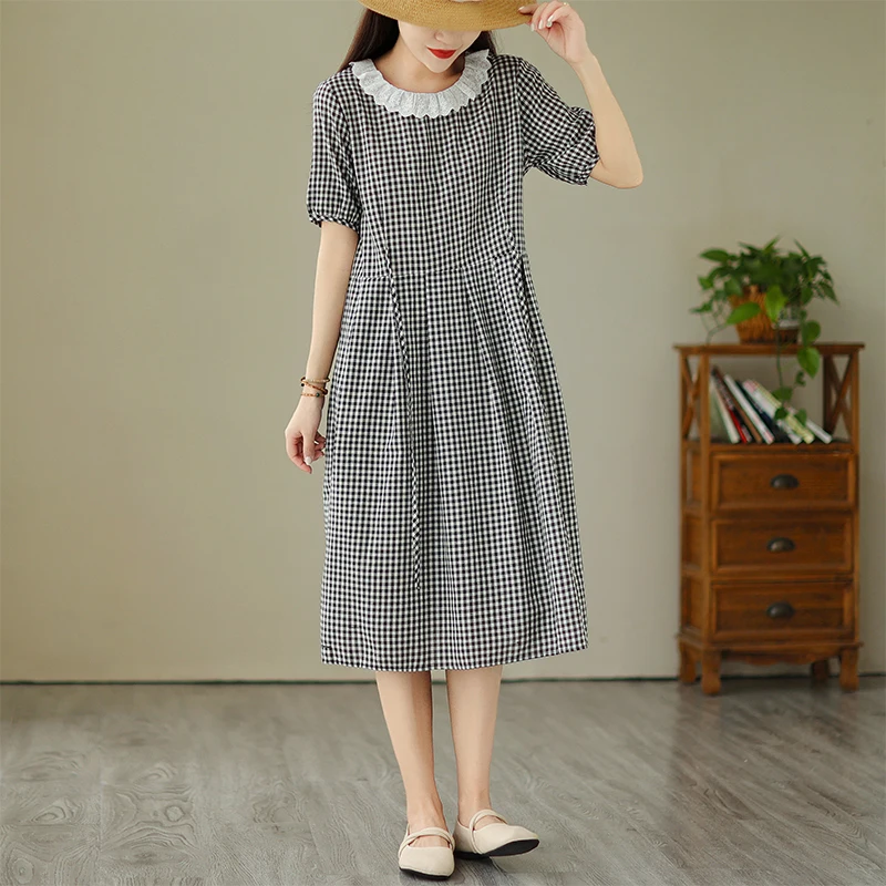 

New Fashion Ladies Casual Loose 2023 Summer Dress For Women Plaid Lace Patchwork O-Neck Cotton Linen Women Clothing Dresses