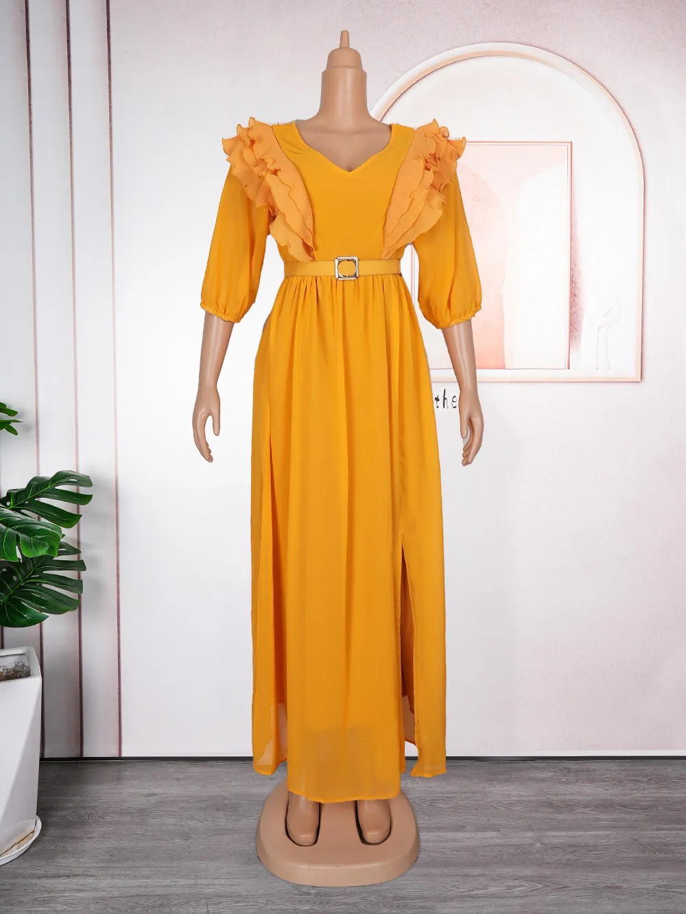 Платье женское длинное вечернее из полиэстера с V-образным вырезом и рукавом 2024