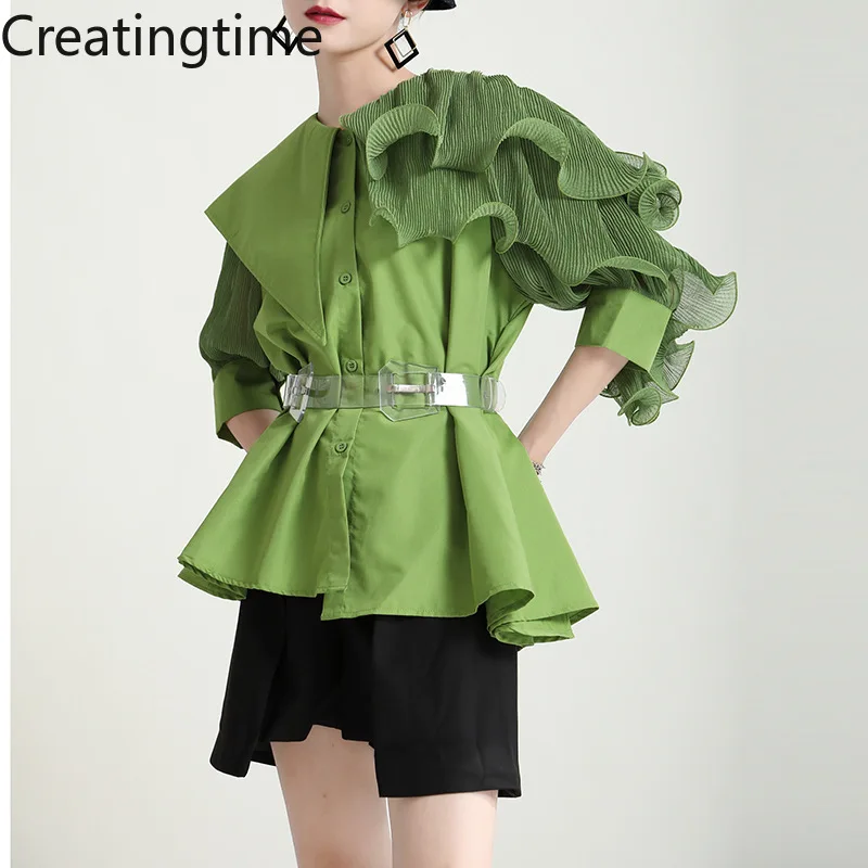 

Creatingtime 2022 Summer New Fashion Tide Women Lapel Ruffle Ruffle Asymmetric Patchwork Loose Puff Sleeve Shirt with Belt GA588