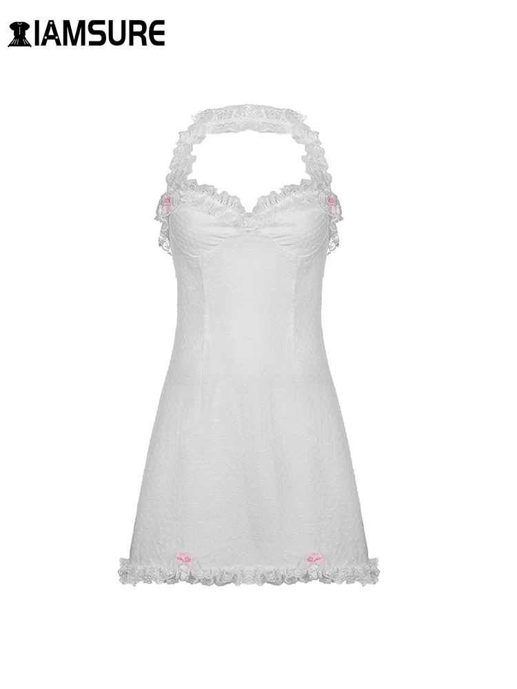 

IAMSURE Sweet Cute Bow Lace Trim Halter Dress Sexy Slim Sleeveless Mini Dresses For Women 2021 Spring Fashion Casual Ladies Girl