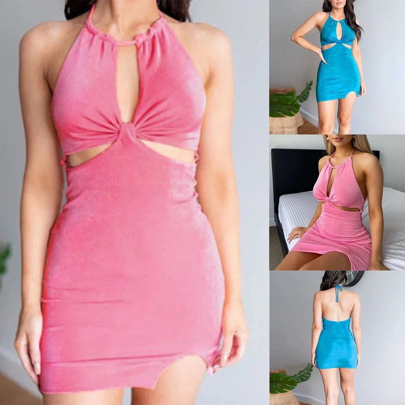 

Halter Backless Bodycon Dress Women Sexy Mini Dress Summer Hollow Out Elegant Birthday Party Dress
